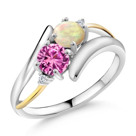 Gem Stone King 0.87 Ct Round Cabochon White Ethiopian Opal Pink Created Sapphire 925 Silver and 10K Yellow Gold Lab Grown Diamond Two Stone Crossover Ring (Size 7)
