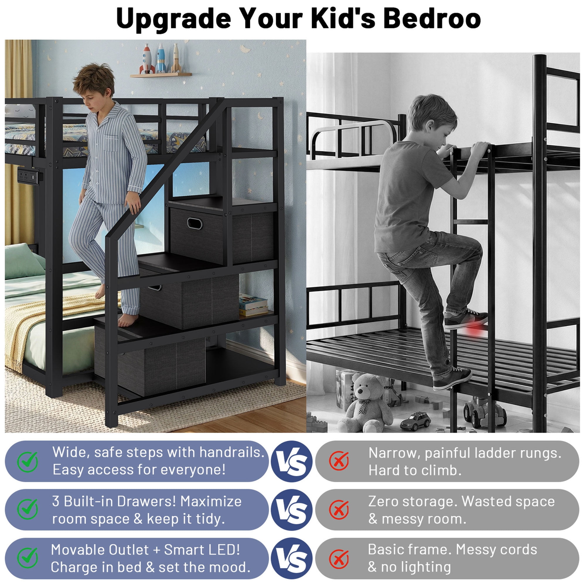 Twin Over Twin Bunk Bed with Storage Stairs, Movable Charging Station and LED Lights, Black