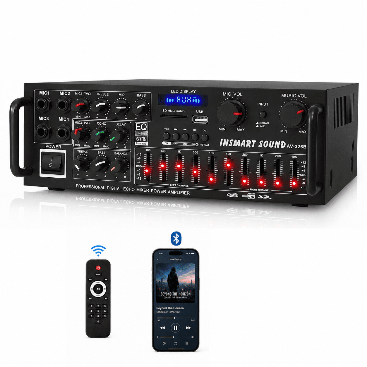 INSMART 1500W Bluetooth 5.0 Stereo Power Amplifier, 2 Channel Home Audio Receiver with 4 Mic Inputs, 5-Band EQ, USB SD FM AUX and Remote