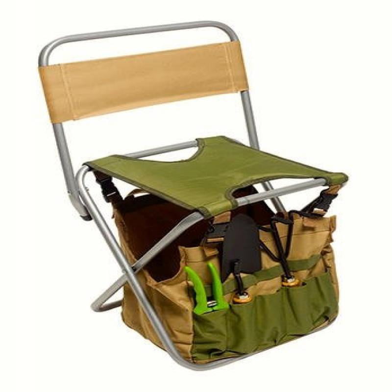 5 Piece Garden Tool Kit With Folding Seat with back rest Bag Pruner Set  Stool 