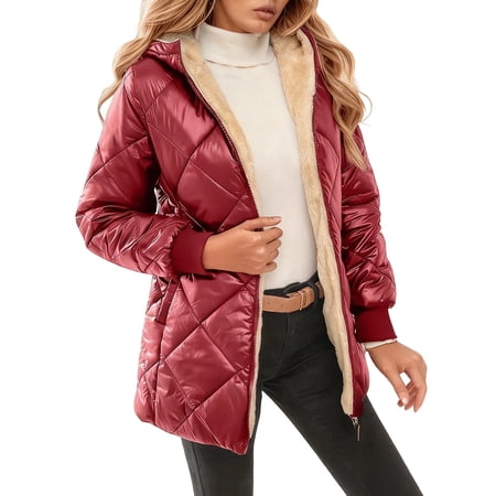 ZHOUCHANKIDS Women s Winter Hooded Quilted Long Sleeve Coat Outerwear For Cold Weather Warmth And Comfortable Daily Wear Red M