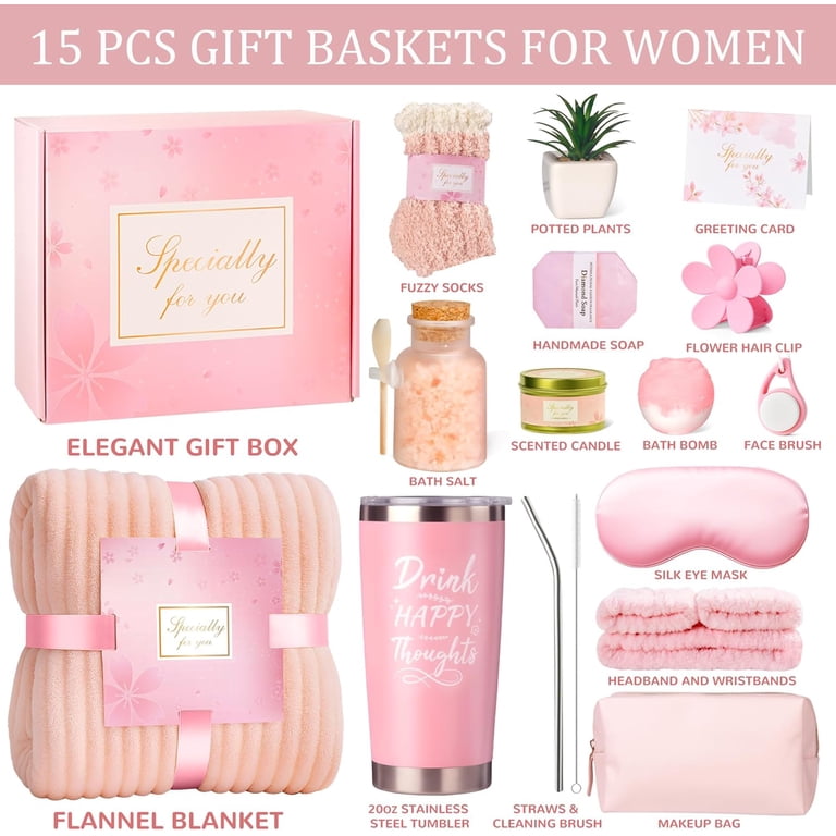 15Pcs Gift Baskets for Women, Get Well Soon Gifts, Relaxing Spa Basket with Flannel Blanket and 20 oz Tumbler, Mothers Day, Christmas Birthday Gifts
