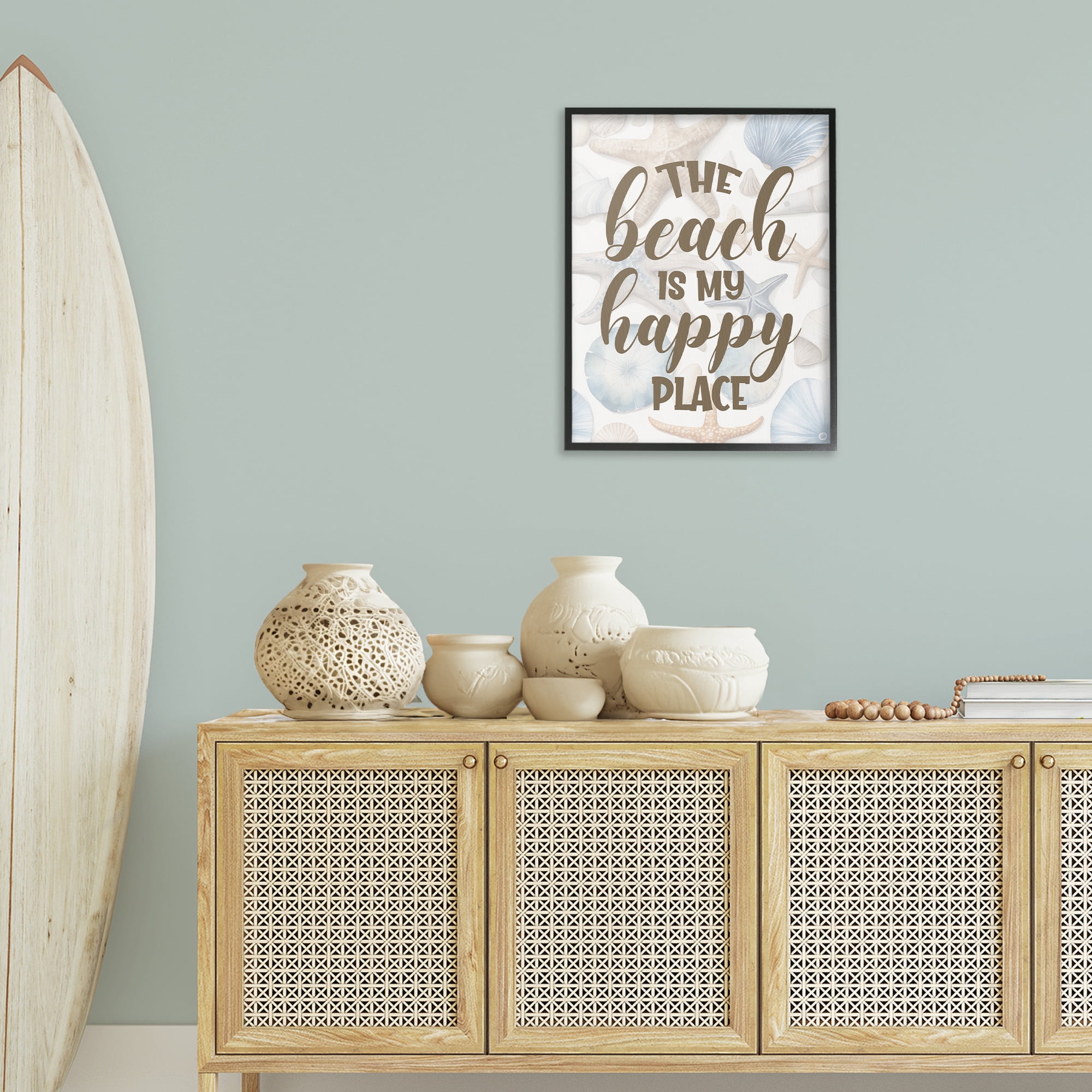 Stupell Industries Beach Happy Place Typography Painting Black Framed Art Print Wall Art, 24 x 30
