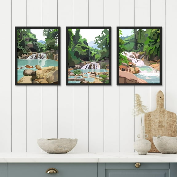 PixonSign Framed Canvas Print Wall Art Set - Summer Forest River Rapid Landscape Posters - Set of 3 Wilderness Nature Pop Art Prints Pastel Wall Décor for Living Room - 8"x10" Black