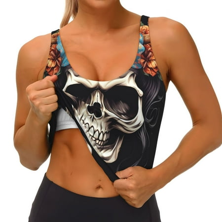 Qokaie Bow Flower Skull Pattern Womens Scoop Neck Sports Bra Breathable Workout Vest Padded U Back Medium Impact Fitness Gym Yoga Bra Workout Crop Top