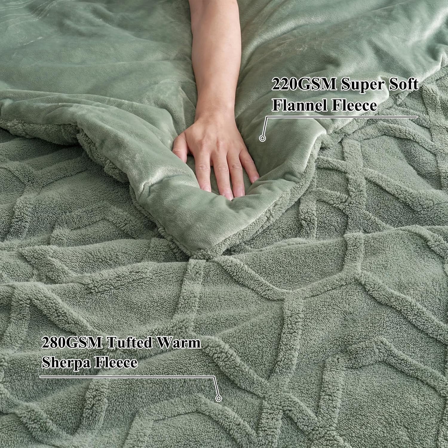 PHF Warm Sherpa Fleece Twin Comforter Set, 3D Tufted Fluffy Sage Green Bedding for Winter, Soft 2 Pieces Shaggy Bed Set, 1 Comforter (68"x90") and 1 Pillowcase (20"x26")