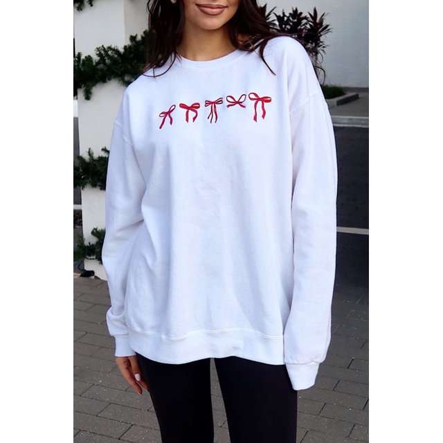 I AM A FASHION JUNKY White Diverse Bow Embroidery Drop Shoulder Sweatshirt