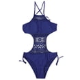 thumbnail image 5 of Women Solid Strappy Bandge Hollow Out One Piece Bikini Swimsuit Bathing Suit Dark Blue S, 5 of 6