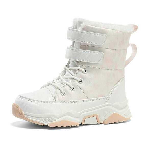 QHFBli Snow Boots for Girls Waterproof Mid Calf Lace Up Duck Boots White 12-12.5 Years