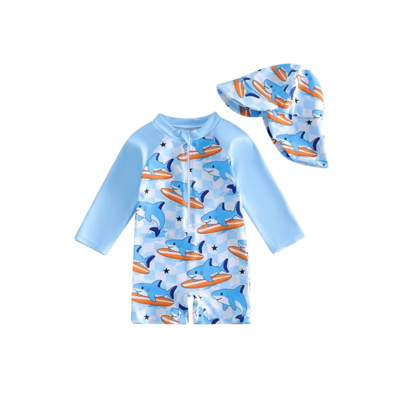 BemeyourBBs Toddler Baby Boy Shark One Piece Swimsuit with Sun Hat Infant Boys Bathing Suit Long Sleeve Rash Guard UPF 50  Ocean Theme Print Zipper Swimwear Summer Pool Beachwear