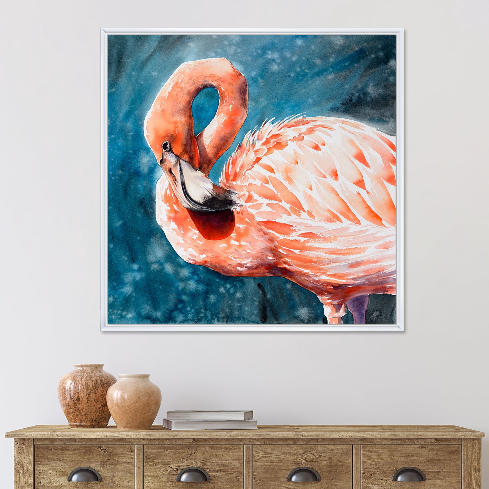 Designart 'Pink Flamingos Love Birds In Blue Water II' Farmhouse Framed Canvas Wall Art Print