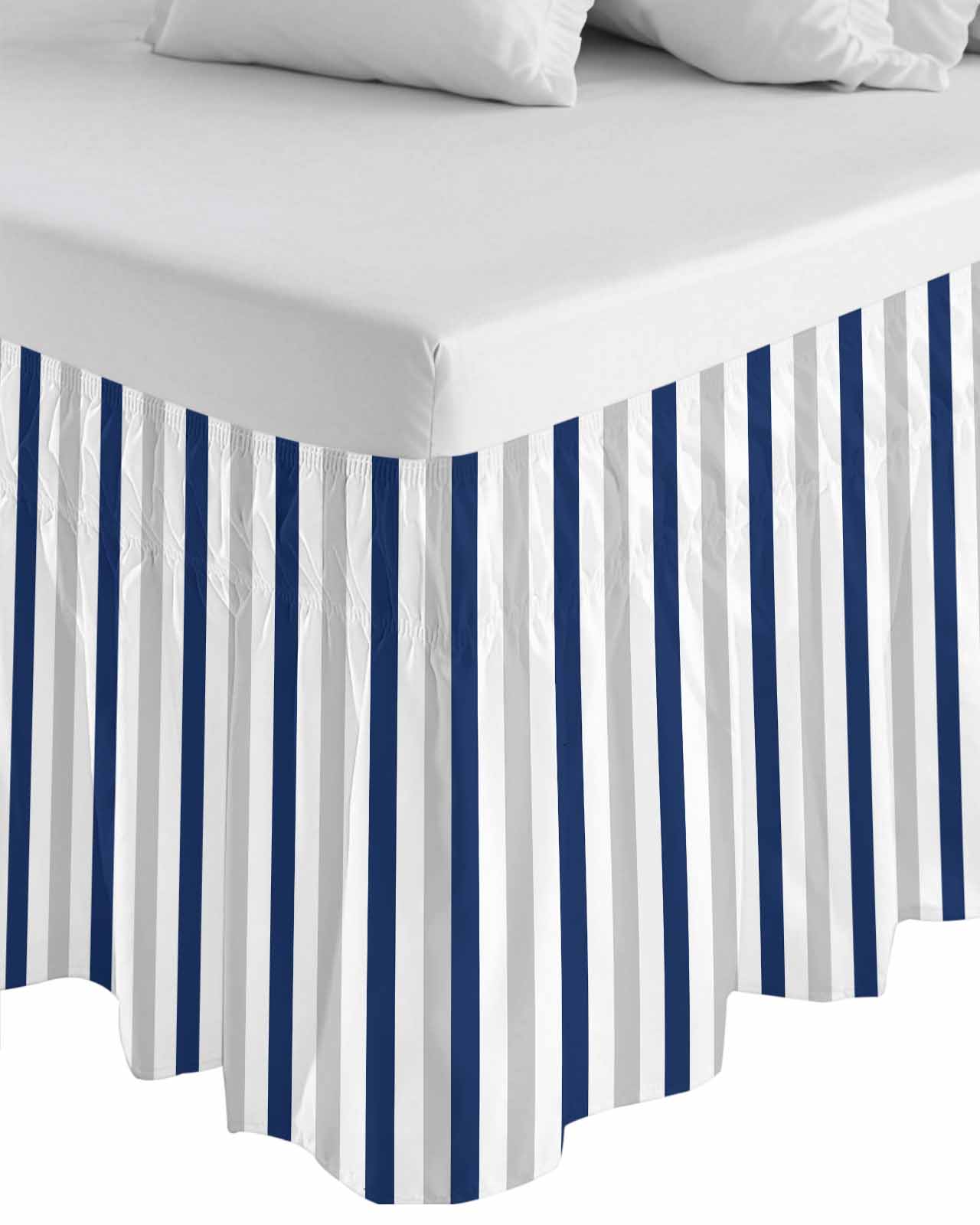 Navy Blue White Stripes Ruffle Bed Skirt King Size Minimalist Abstract Vertical Striped Adjustable Elastic Dust Bed Skirts Wrap Around Bedskirt Wrinkle Free Easy Fit with 18 Inch Drop