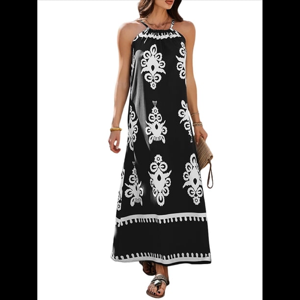 Vestido de Verano para Mujer 2025, Estampado Floral, Tirantes Finos, Holgado, Estilo Bohemio, para Playa y Vacaciones Negro L