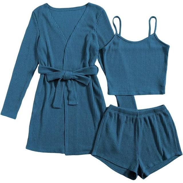 Womens Pajama Sets 3 Piece Lounge Set Ribbed Knit Cami Top and Shorts Soft Sleepwear with Robe Cardigan