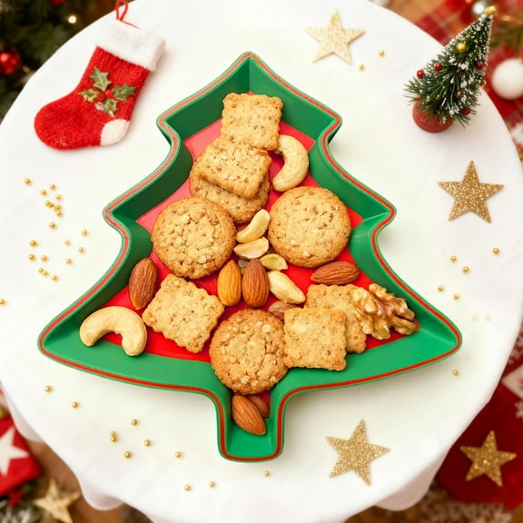 DAMAI Christmas Tree Shaped Plates for Cookies & Holiday Treats, Christmas Tree Cookies Plates Decorative Serving Trays Charcuterie Board for Snacks Cheese Desserts Appetizers (Red)