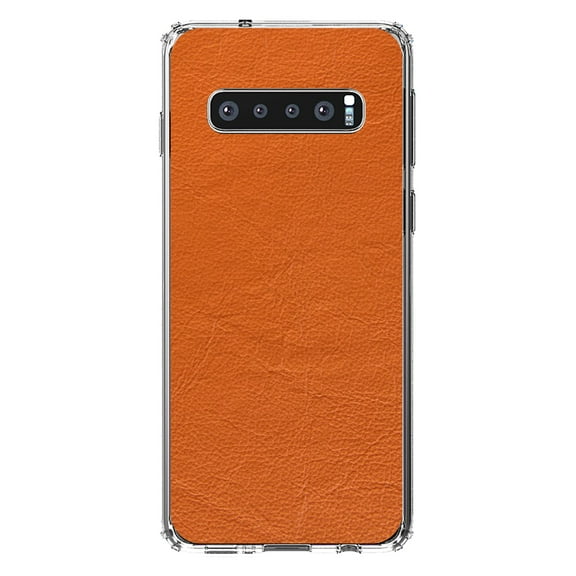 DistinctInk Clear Shockproof Hybrid Case for Samsung Galaxy S10 (6.1" Screen) - TPU Bumper, Acrylic Back, Tempered Glass Screen Protector - Orange Faux Leather Print Design - Printed Leather Image