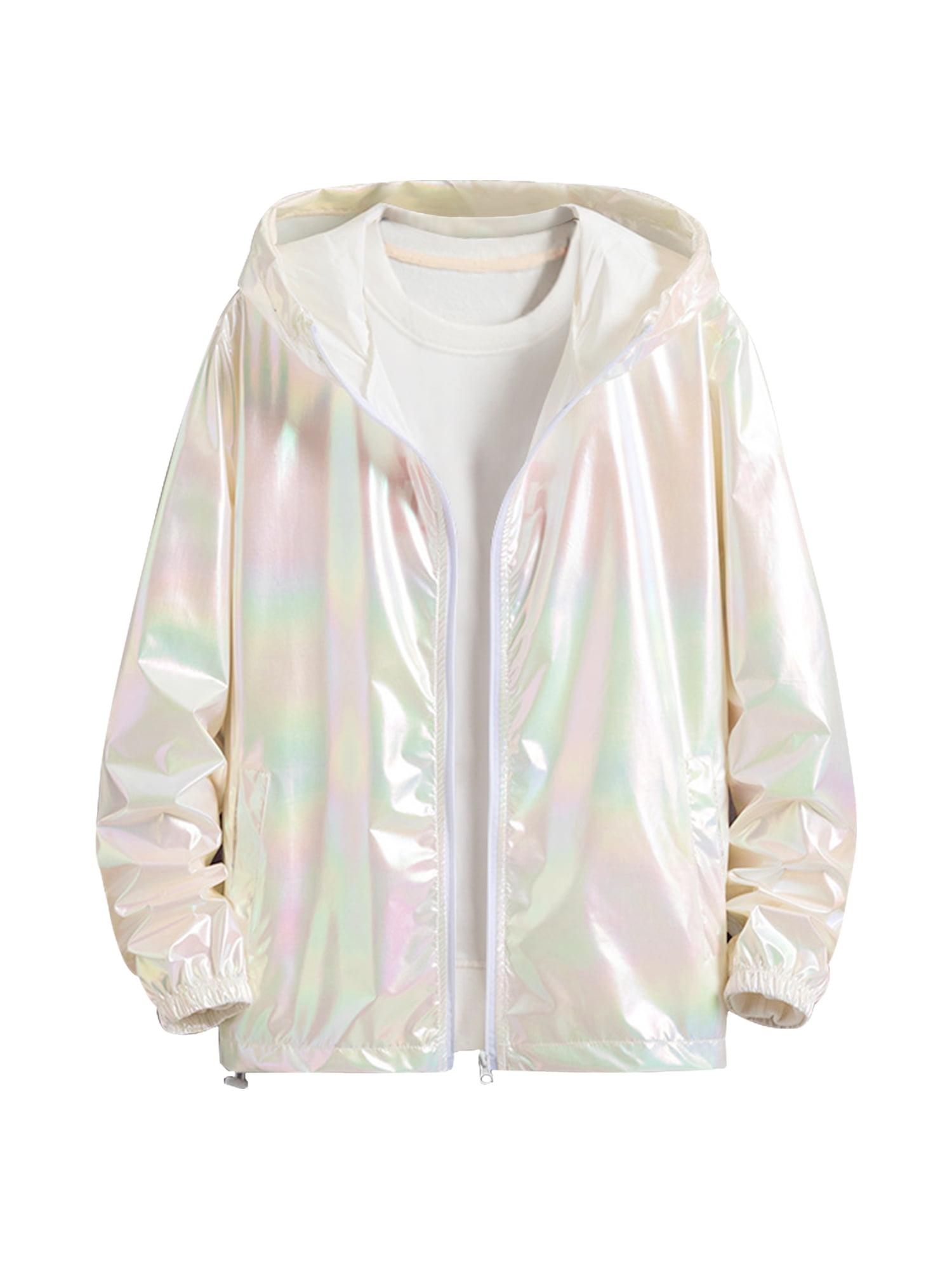 INSPIRE CHIC Edition Men's Jacket Metallic Zip up Hooded Lightweight Holographic Shiny Jackets L White