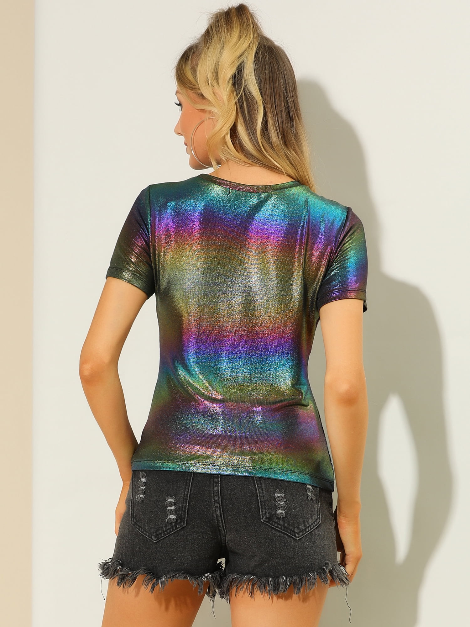 DARING DIVA Party Metallic Textured Short Sleeve Shiny Tops XL Multicolor