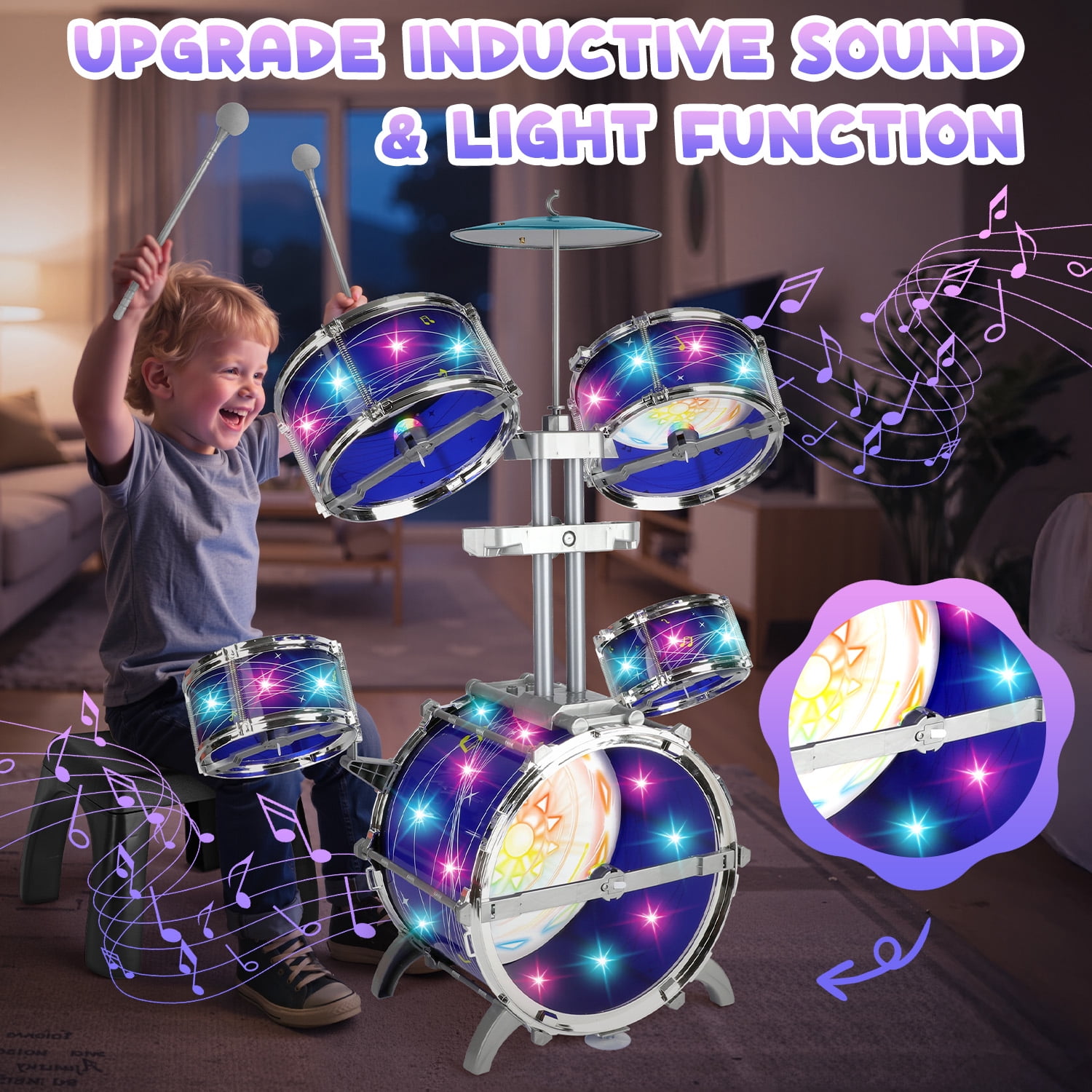 Huge Wave Kid Drum Set for Toddler 1-3 Years, Big Size Beginners Jazz Drum Set, Induction Sound and Light, Instrument Birthday Gift for Boys Girls