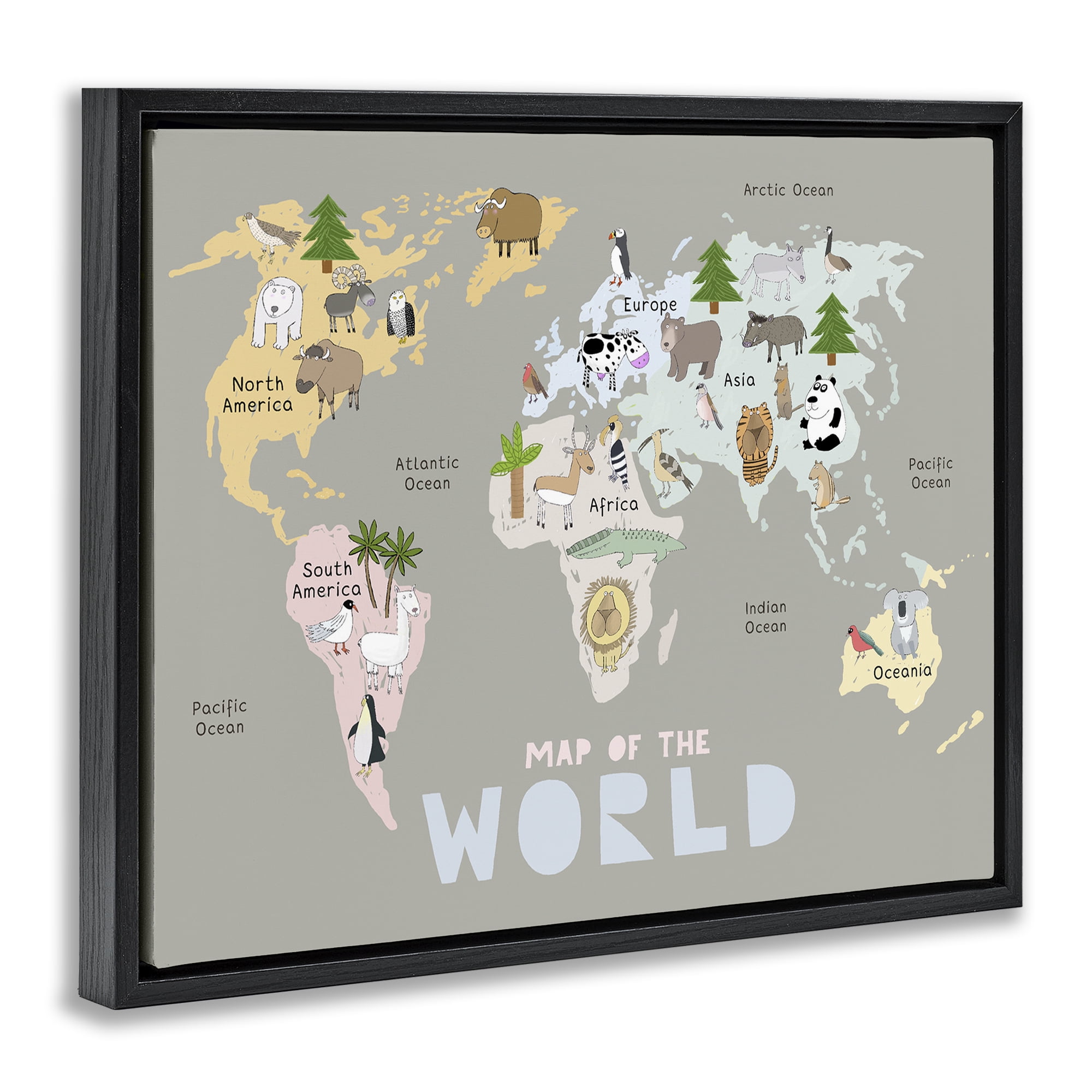Kid's Map Of World Grey Black Framed Floater Canvas Wall Art, design by Carla Daly