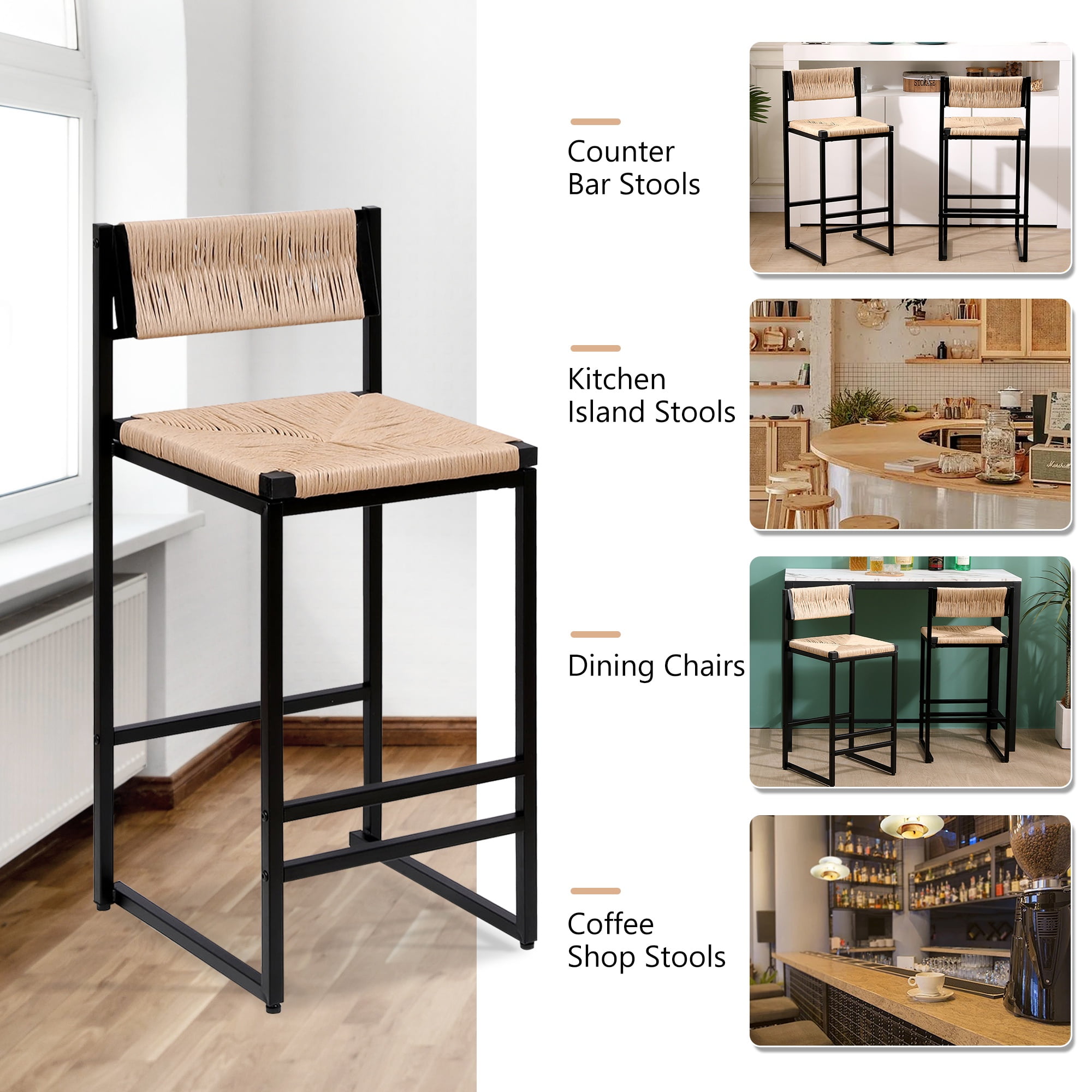 SYNGAR Bar Stools with Back Sets of 2, Woven Bar Chair with Metal Legs, Counter Height Bar Stools, Bar Chairs for Kitchen Bars Restaurants, Tufted Barstools Set, Honey