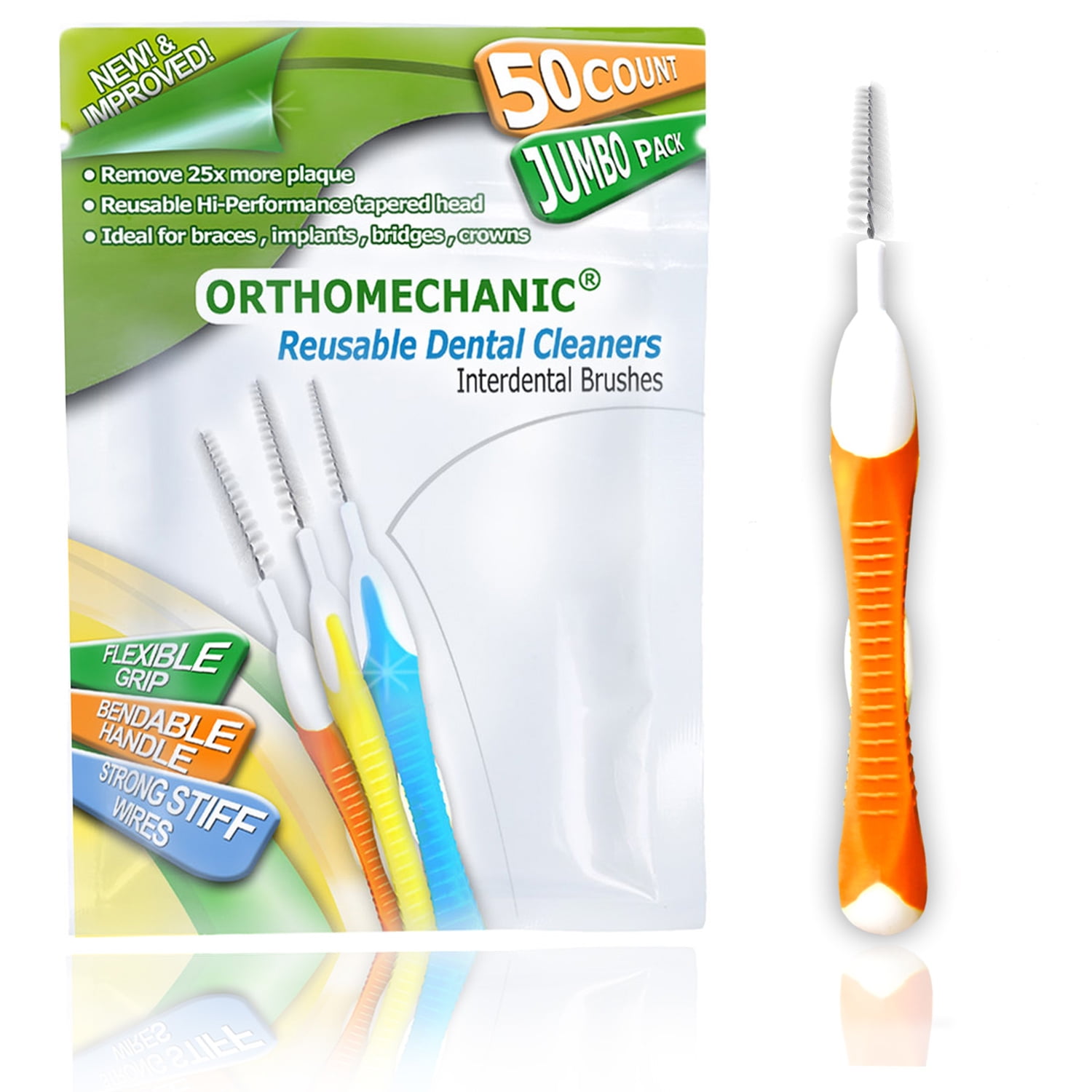 50 Pcs Interdental Cleaners Reusable Brushes By Orthomechanic Tight Jumbo Pack