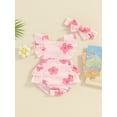 thumbnail image 3 of Aojekbee Baby Girls Summer Romper Flying Sleeve Tiered Ruffle Floral Romper with Headband, 3 of 10