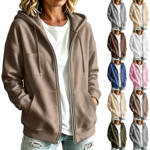Taqqpue Drawstring Zip Up Hoodies for Women Fall Cute Solid Color Plus Size Jacket Coat Winter Keep Warm Oversized Casual Sweatshirts with Pocket