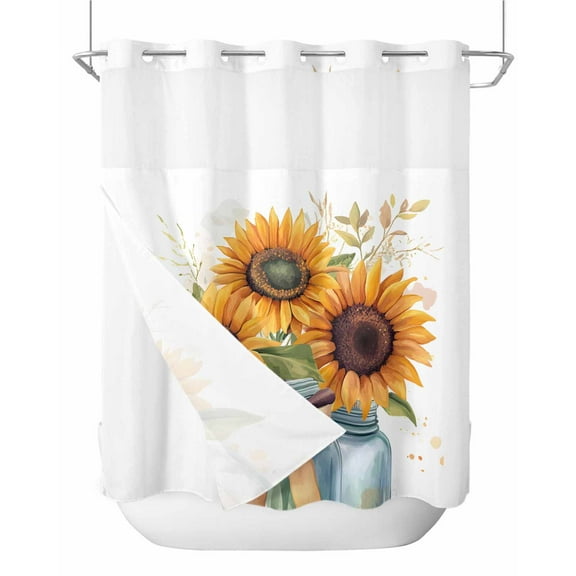 No Hook Shower Curtains with Snap in Liner, Summer Sunflowers Fabric Shower Curtain, Spring Watercolor Floral Leaf Bow Vase Double Layers & See-Through Top Window Bathroom Curtains 72''x72''