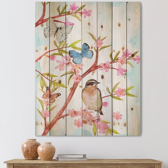 Designart 'Clever Bird Sitting On Branch of A Spring Tree With Butterflies' Traditional Print on Natural Pine Wood
