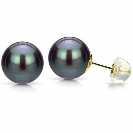 10-11mm Black Perfect Round High-Luster Freshwater Pearl 14kt Yellow Gold Stud Earrings