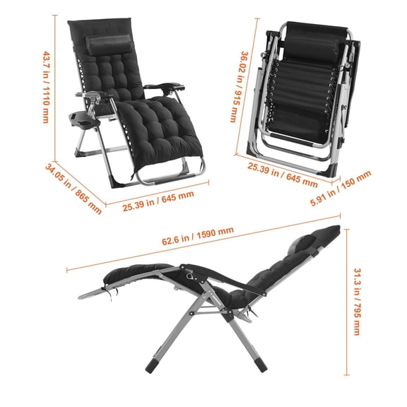 Zero Gravity Chair,26"Zero Gravity Recliner Lounge Chair for Indoor&Outdoor,Adjustable Anti Gravity Chair with Cushion,Headrest,Footrest,and Cupholder,500 lbs,Black