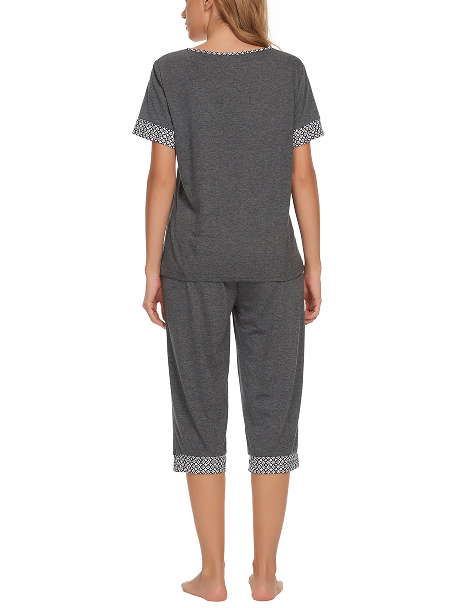 Unique Bargains Womens Pajama Set Round Neck with Capri Pants Pjs Lounge Sleepwear Sets