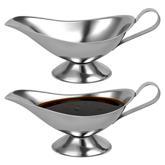 2 Pcs Stainless Steel Gravy Boat Set, 10 fl oz Sauce Ladle Pitcher, Ergonomic Handle and No-Drip Spout, Mirror Polished Sauce Server for Steak, Table Serving, Parties and Restaurants