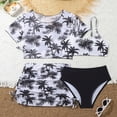 thumbnail image 2 of kpoplk 3 Piece Girls Swimsuit Allover Print Bikini Set and Coordinating Solid Color Cover Up Beach Skirt for 6-14 Years(Black,10-11 Y), 2 of 6