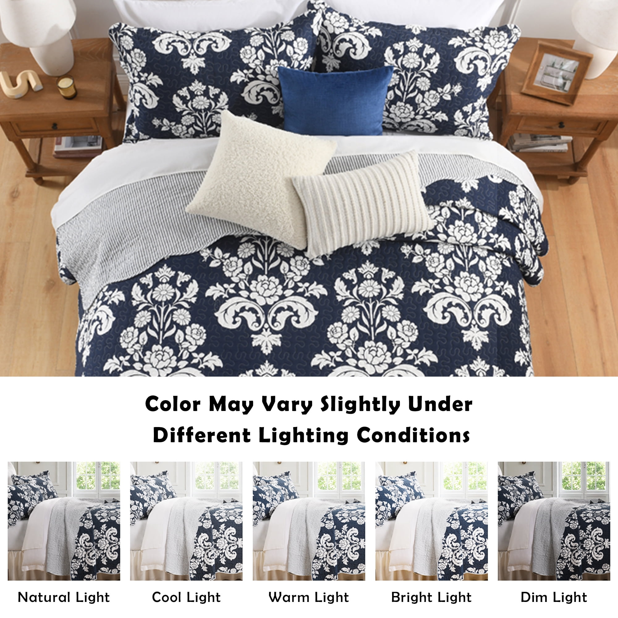 Quilt Set Queen Size 3 Pieces, 100% Cotton Navy Blue Lightweight Quilted Bedspread, Reversible Damask Floral Bedding Set for All Season