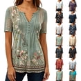 thumbnail image 5 of Yotami Womens Tops, Summer Floral Print Pleated Tunic Top, Short Sleeve V-Neck Blouse Dressy Casual Button Down Shirts for Women, Green, 5 of 6
