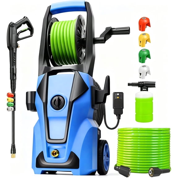 SOORAITON Electric Pressure Washer 5000PSI Power Washer with Pressure Control, GFCI Protection, 23FT Hose Reel, 4 Nozzle, Soap Cannon Powerwasher for Home, Car, Blue