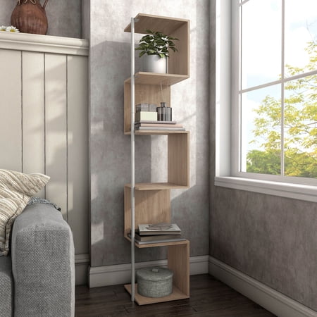 24/7 Shop At Home Penz Two-Tone 5-Tier Corner Bookcase Natural Book Shelf Stand Corner Shelf Unit Small Space Organizers and Storage Corner Stands with White Metal