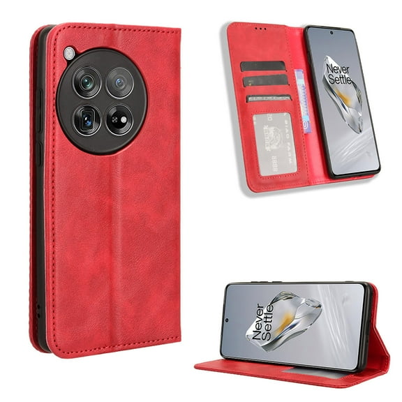 Allytech Case Compatible with OnePlus 12, [Card Slots] [Magnetic Closure] [Kickstand Function] Business PU Leather Soft TPU Inner Shockproof Anti-Scratch Protective Case for OnePlus 12, Red