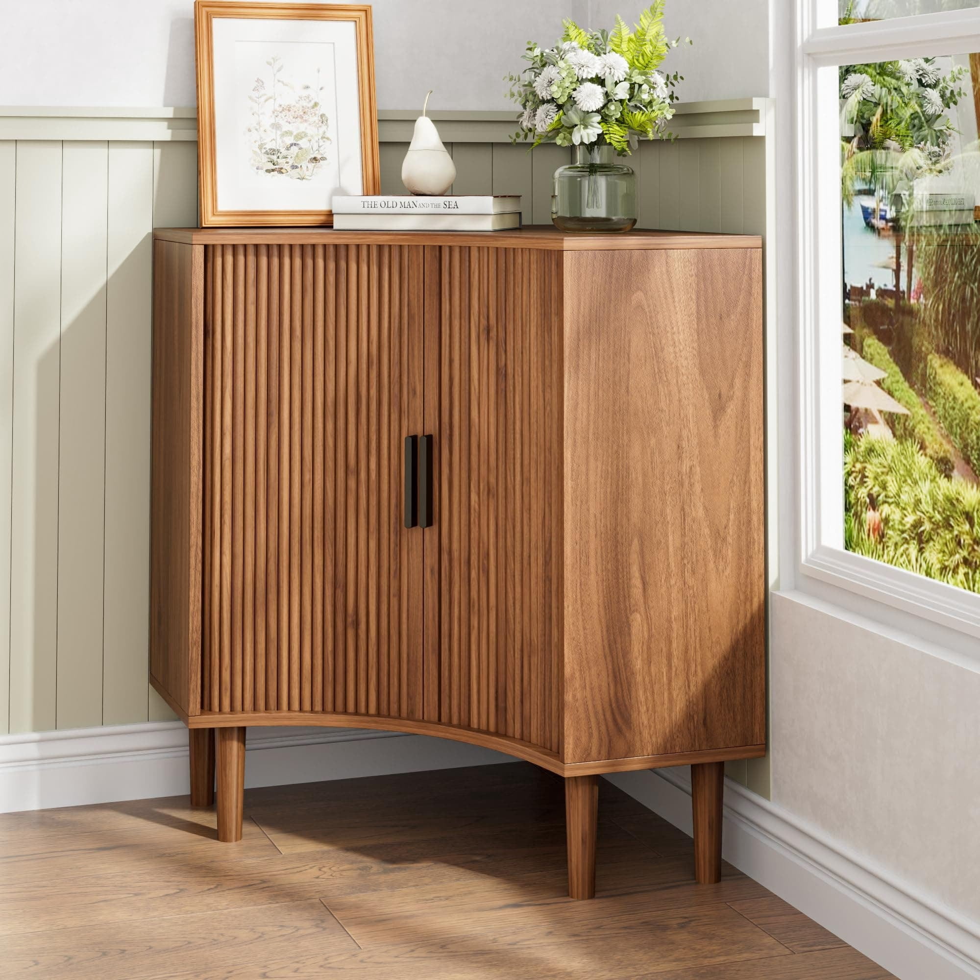 Modern Fluted Corner Cabinet with Sliding Doors, Small Wood Corner Storage for Small Space, Walnut