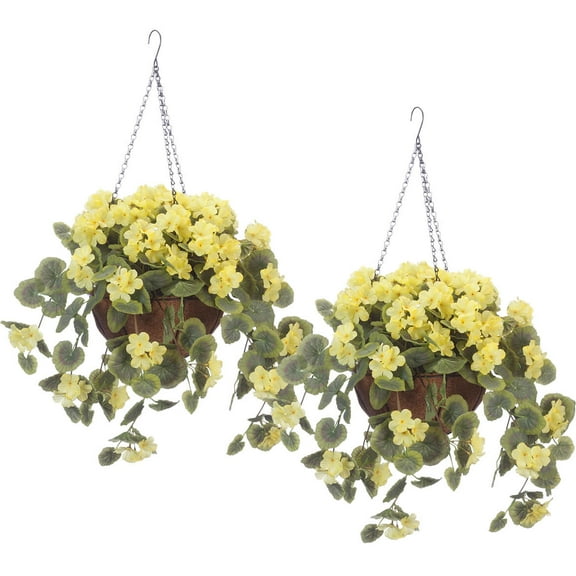 Fully Assembled Artificial Geranium Hanging Basket, 10” Diameter and 18” Chain – Yellow Polyester/Plastic Flowers in Metal and Coco Fiber Liner Basket for Indoor/Outdoor Use, Set of 2