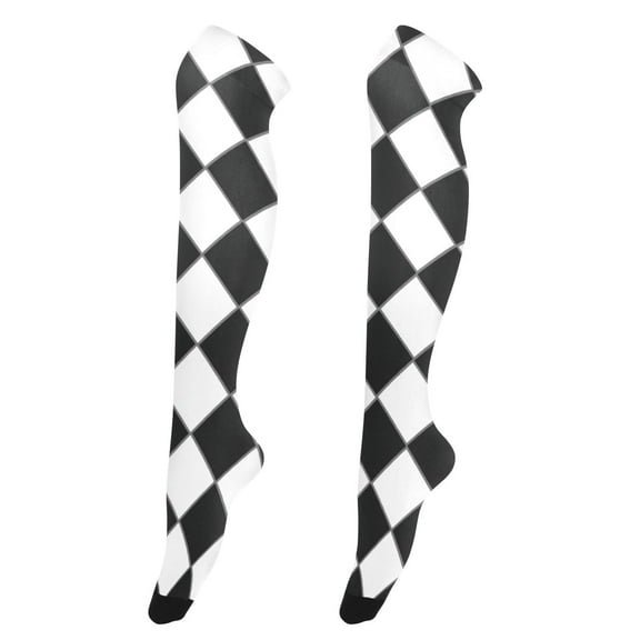 Women's Knee-High Socks Diamond Black and White Grid High-Knee Stocking Suitable for Parties Home and Sports