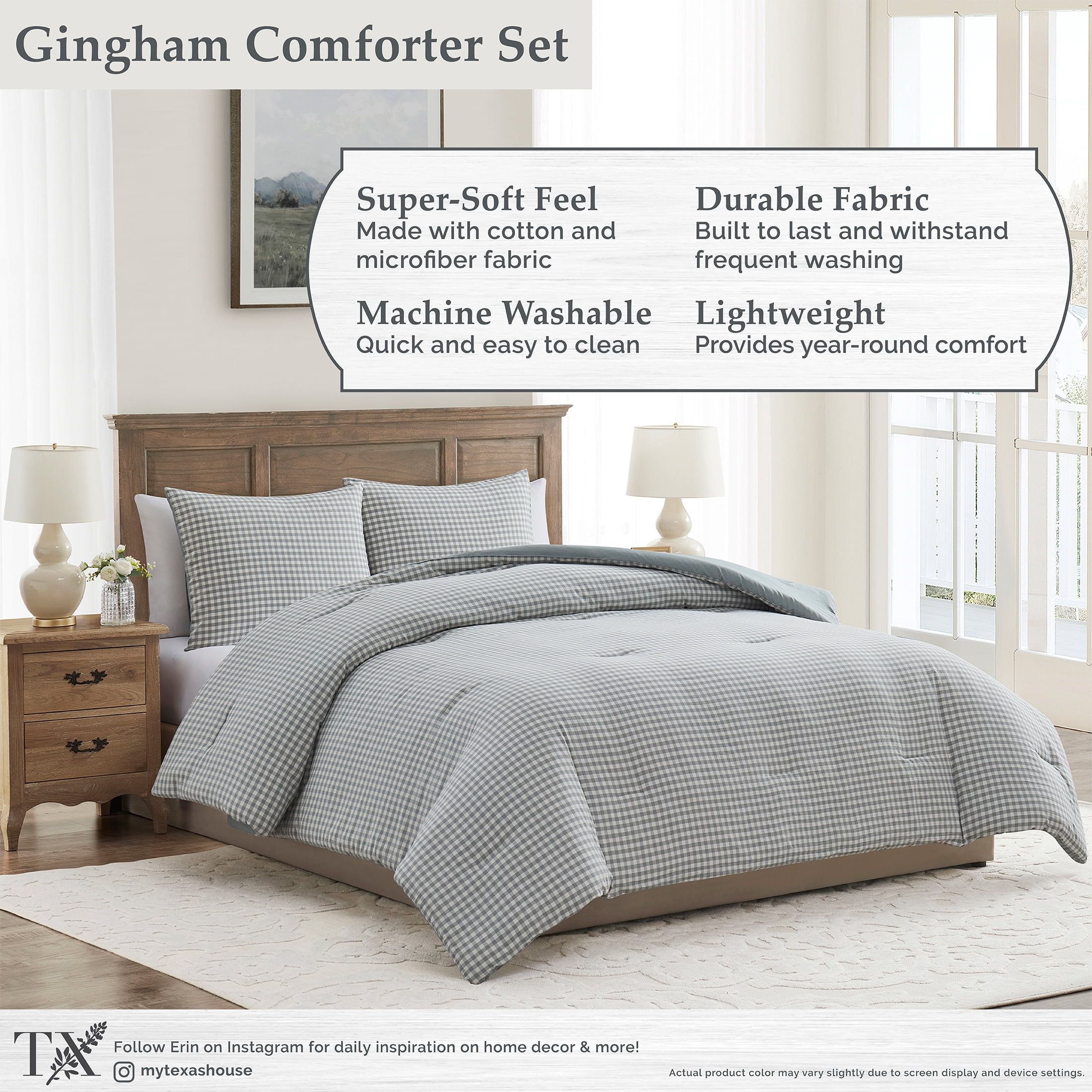 My Texas House Collins 2-Piece Green Gingham Cotton Comforter Set, Twin/Twin XL