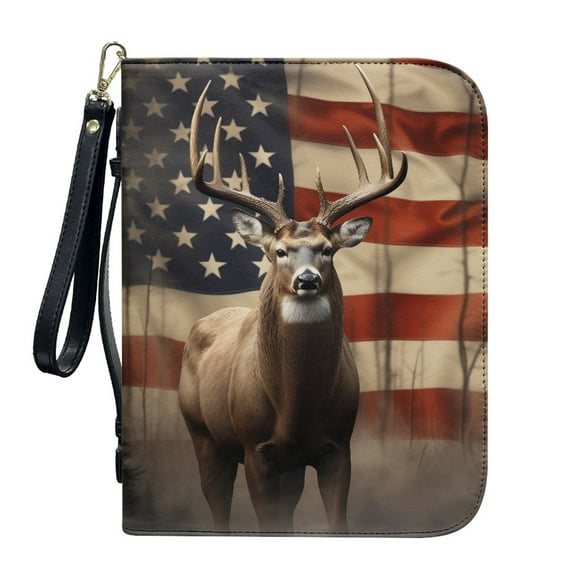 Kuiaobaty American Flag Deer Print Bible Cover with Handle and Detachable Wrist Strap, PU Leather Carrying Case Tote Bag Waterproof Church Bag Book Accessories Christian Gift for Women Men, XL