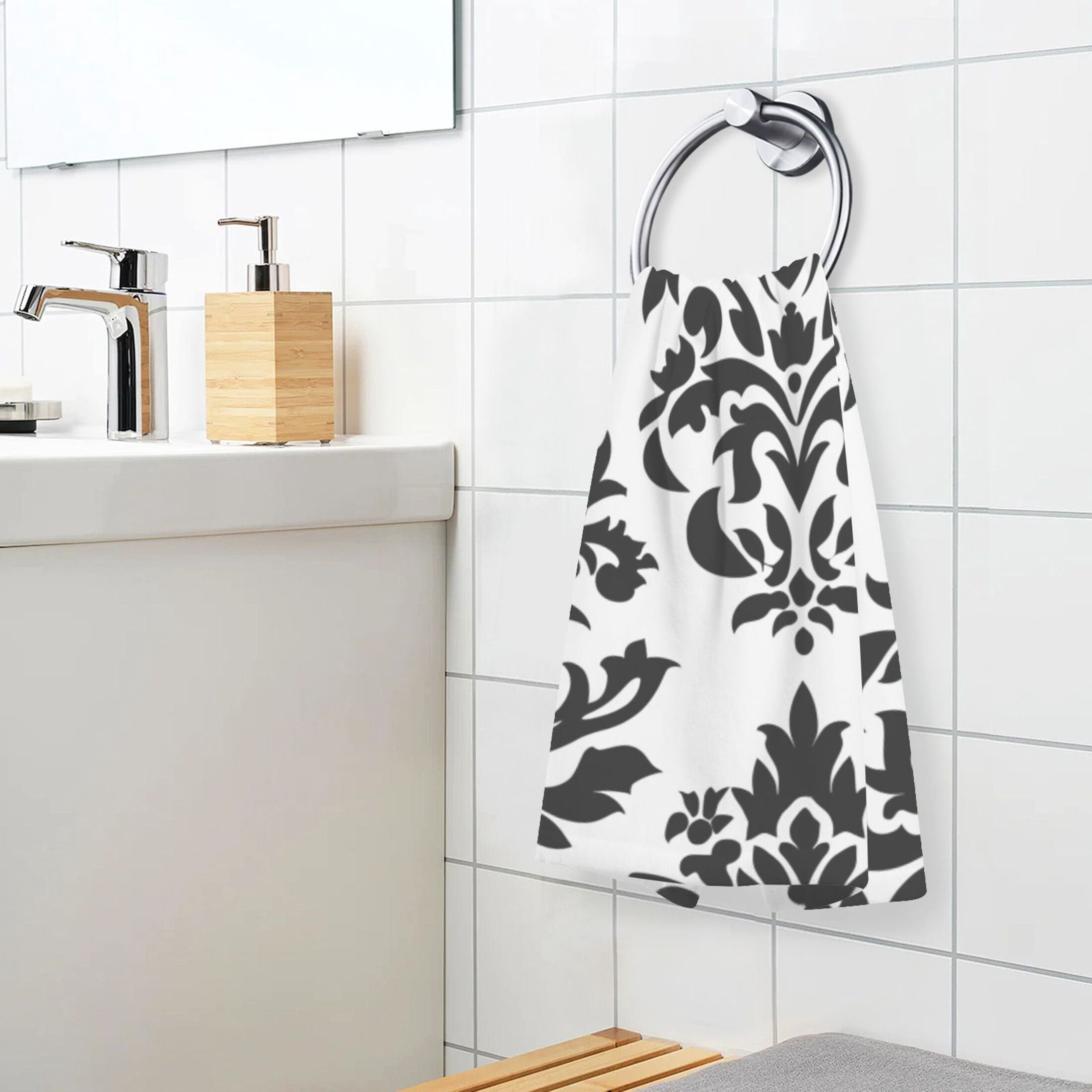 Baroque Black Damask Figure 2 Pcs Hand Towel Set Cotton Absorbent Soft Face Towels Bath Towels for Bathroom Kitchen Shower Hotel Decor 16"x28"