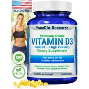 Vitamin D3 Supplement for Adult Men & Women, 5000 IU 360 Softgels, Immune Health Support by YounGlo Research
