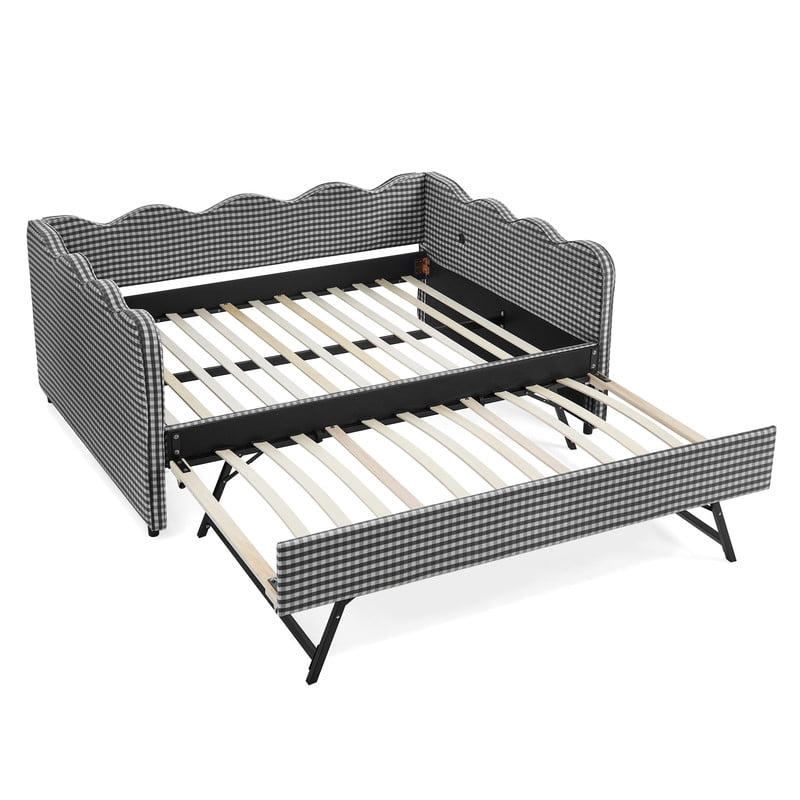 Full Size Upholstery Daybed with Trundle and USB, Full to King Design Wave Shaped Extendable Linen Sofa Bed, No Box Spring Required, for Living Room and Bedroom