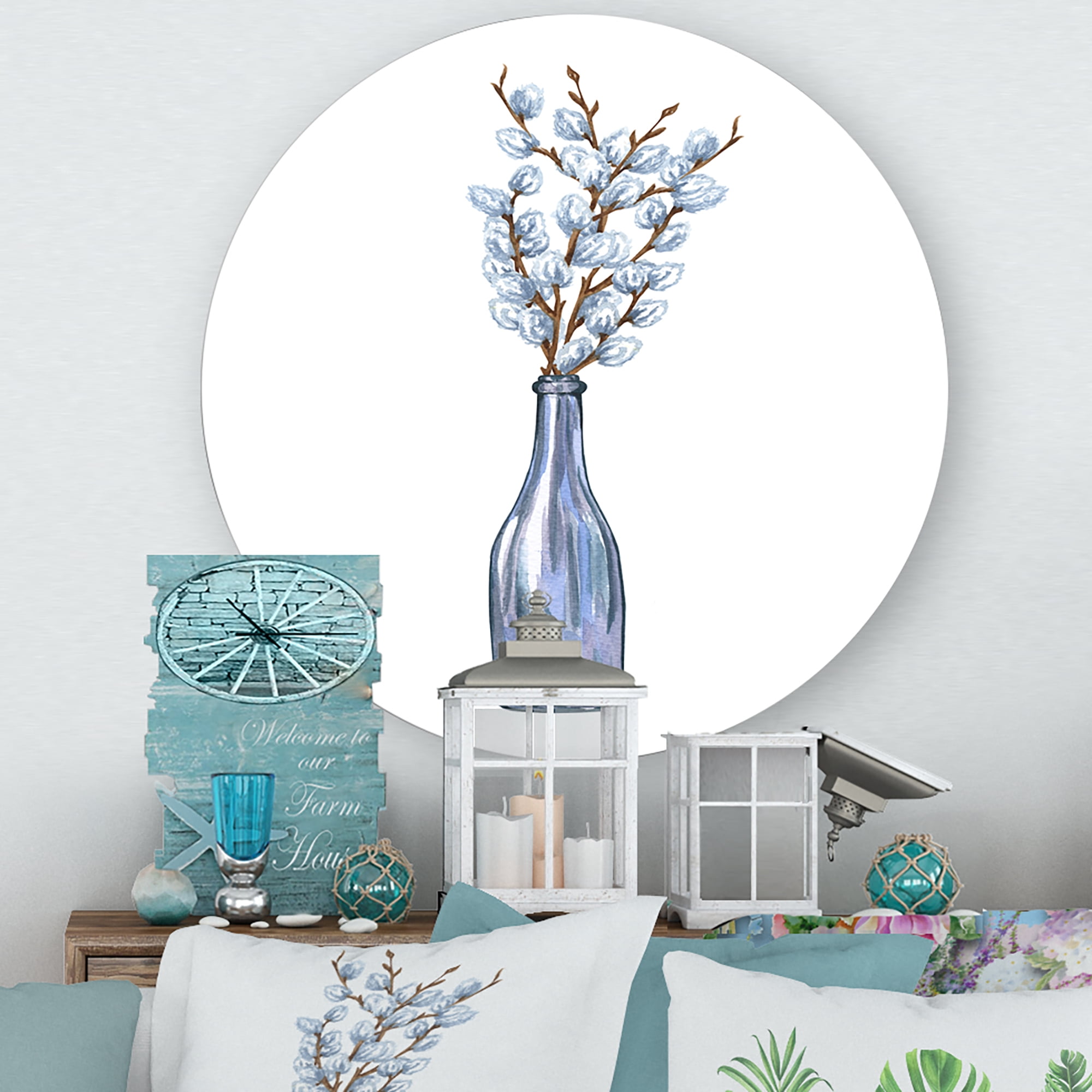 Designart 'Bunch of White Pussy Willow Twigs II' Farmhouse Circle Metal Wall Art 11x11 - Disc of 11
