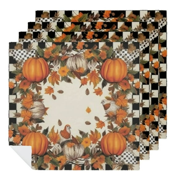 Qinduosi Fall Cloth Napkin, Thanksgiving Autumn Pumpkin Mushroom Black Buffalo Plaid Party Dinner Decoration Washable Napkins 2 PCS